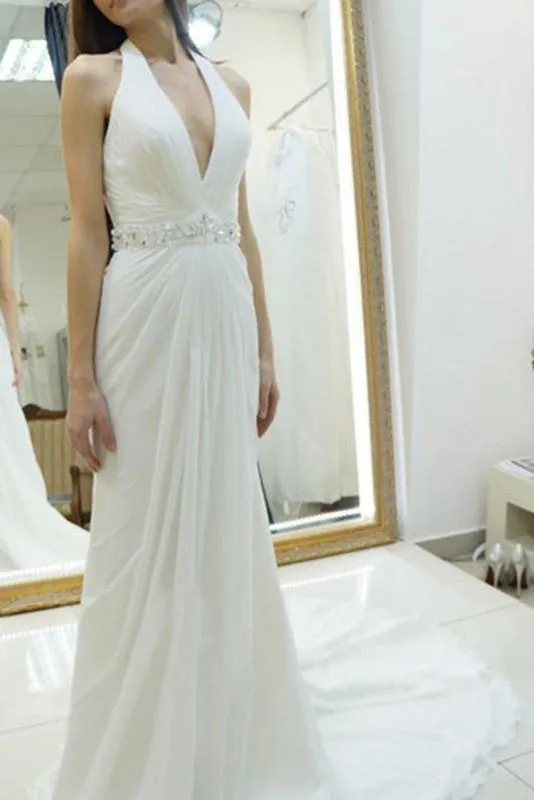 A-line Halter Chiffon Wedding Dress,Backless Court Train Bridal Dress,Beach Wedding Dress,N124