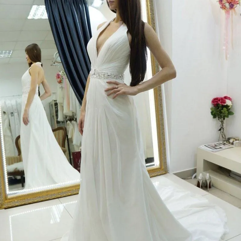 A-line Halter Chiffon Wedding Dress,Backless Court Train Bridal Dress,Beach Wedding Dress,N124