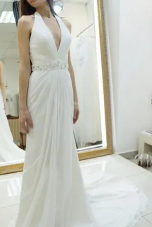 A-line Halter Chiffon Wedding Dress,Backless Court Train Bridal Dress,Beach Wedding Dress,N124