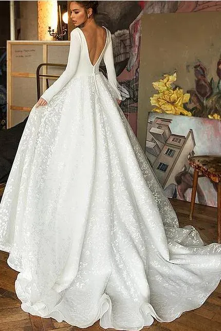 A Line Long Sleeves V Neck Beach Wedding Dress, Elegant Long Bridal Dress N2552