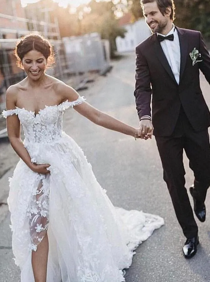 A-Line Off-the-Shoulder Boho Wedding Dress with Appliques TN126