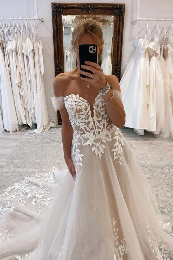 A-line Off The Shoulder Lace Applique Wedding Dresses With Court Train TN376