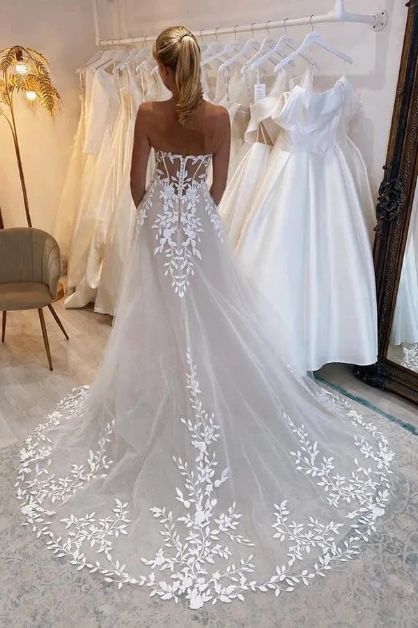 A-line Off The Shoulder Lace Applique Wedding Dresses With Court Train TN376