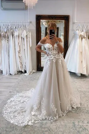 A-line Off The Shoulder Lace Applique Wedding Dresses With Court Train TN376