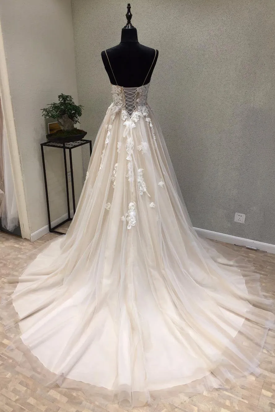 A-line Spaghetti Strap Simple Wedding Dress With Appliques, Boho Beach Wedding Dress N1639