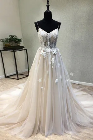A-line Spaghetti Strap Simple Wedding Dress With Appliques, Boho Beach Wedding Dress N1639