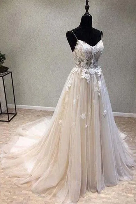 A-line Spaghetti Strap Simple Wedding Dress With Appliques, Boho Beach Wedding Dress N1639