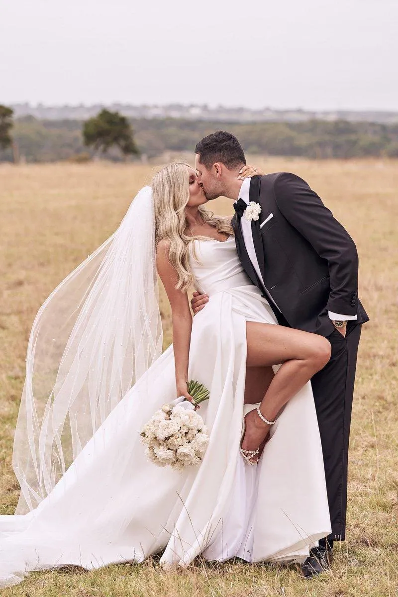 A-line Strapless Satin Ivory Thigh Split Wedding Dresses With Court train TN280