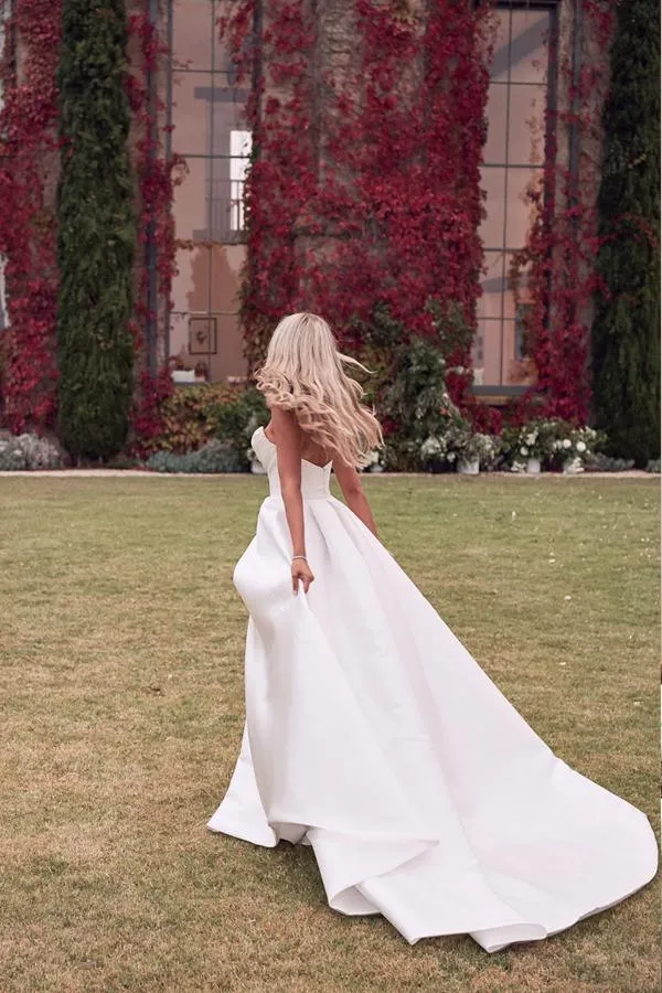 A-line Strapless Satin Ivory Thigh Split Wedding Dresses With Court train TN280