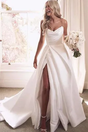 A-line Strapless Satin Ivory Thigh Split Wedding Dresses With Court train TN280