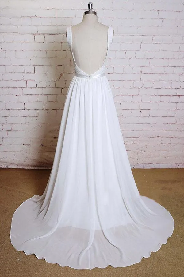 A-line Straps Court Train Chiffon Appliques Backless Wedding Dresses  WD172