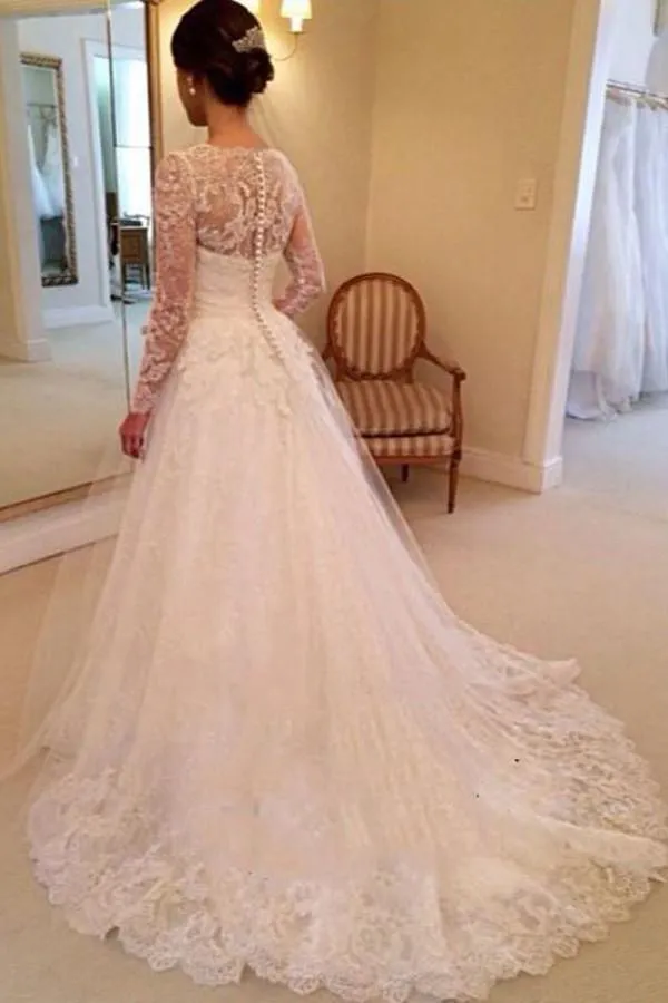 A-line V-neck Long Sleeves Court Train Wedding Dress With Appliques WD062