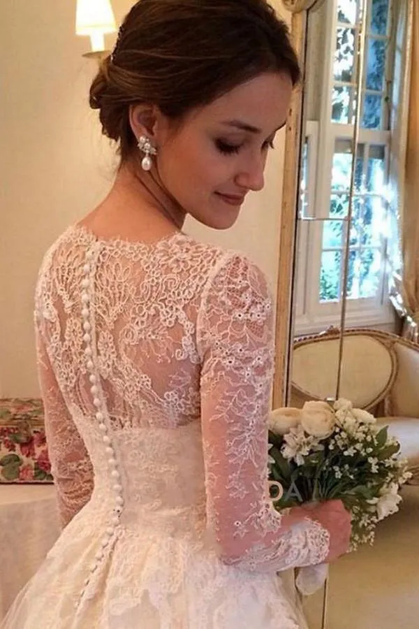 A-line V-neck Long Sleeves Court Train Wedding Dress With Appliques WD062