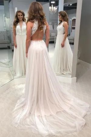 A-Line V-Neck Open Back Tulle Wedding Dress with Lace Bodice PFW0349