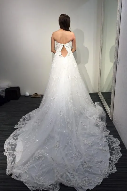 A-line White Princess Strapless Open Back Lace Beach Wedding Dress Court Train N407