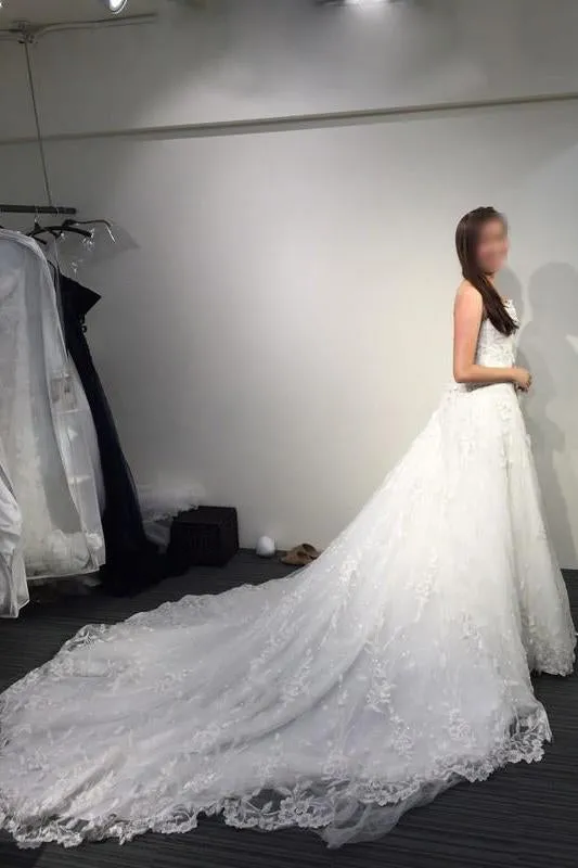 A-line White Princess Strapless Open Back Lace Beach Wedding Dress Court Train N407