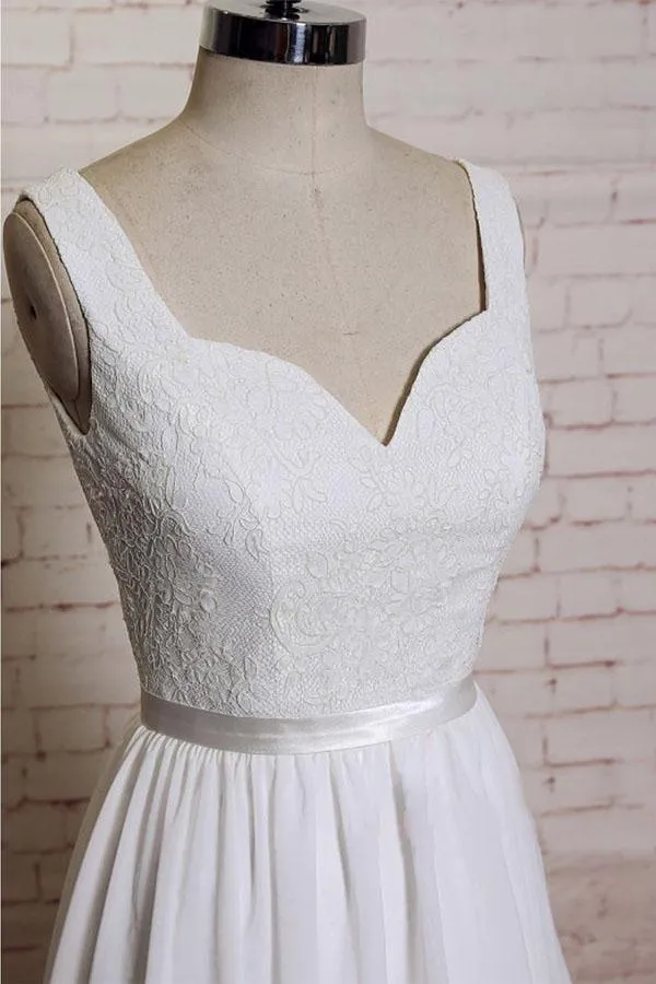 Anneprom A-Line Straps Court Train Chiffon Appliques Backless Wedding Dresses APW0175