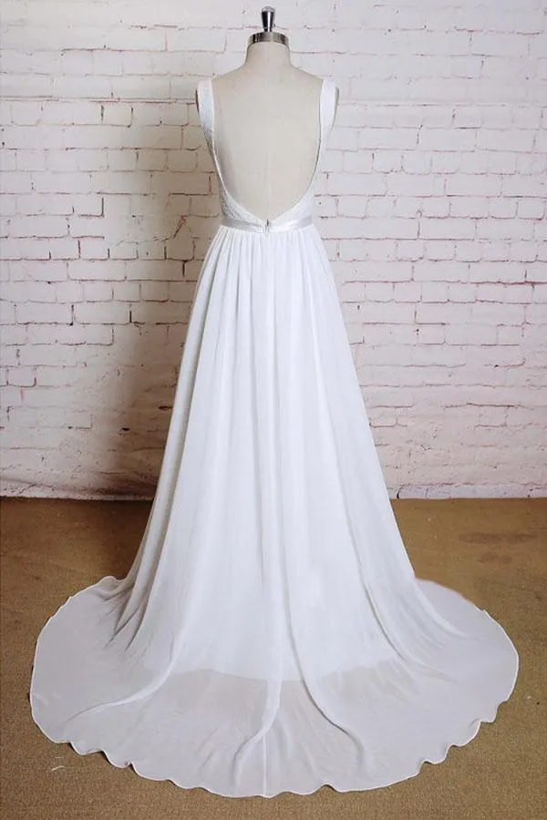 Anneprom A-Line Straps Court Train Chiffon Appliques Backless Wedding Dresses APW0175
