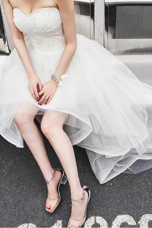 Anneprom High Low Sweet Heart Tulle Beading Wedding Dresses With Court Train APW0091