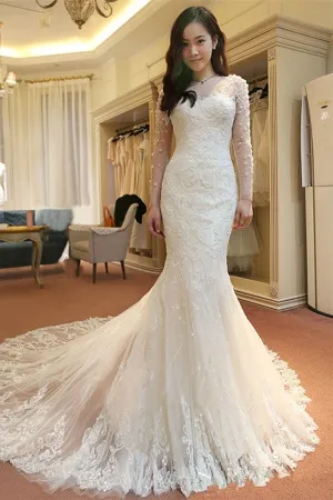 Anneprom Mermaid Long Sleeves Court Train Wedding Dresses With Beading APW0068