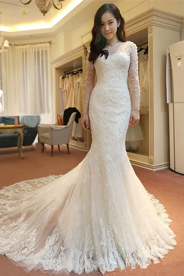 Anneprom Mermaid Long Sleeves Court Train Wedding Dresses With Beading APW0068