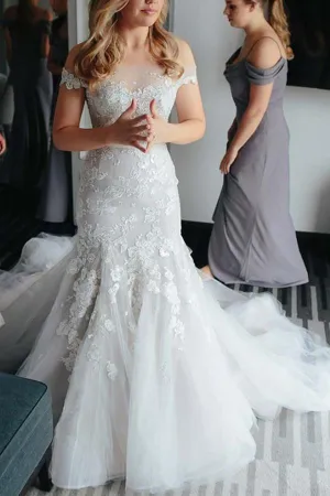 Anneprom Mermaid Off-The-Shoulder Court Train Tulle Wedding Dress With Appliques  APW0101