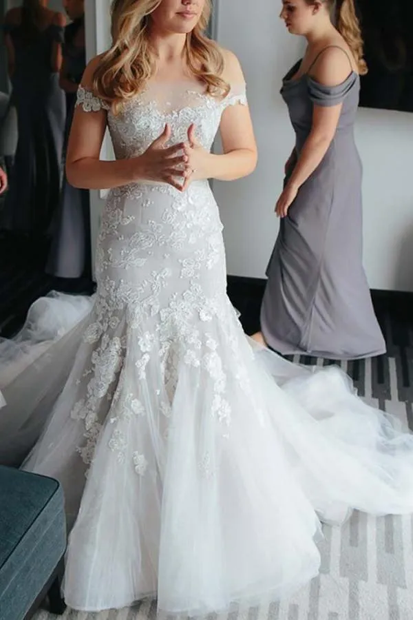 Anneprom Mermaid Off-The-Shoulder Court Train Tulle Wedding Dress With Appliques  APW0101