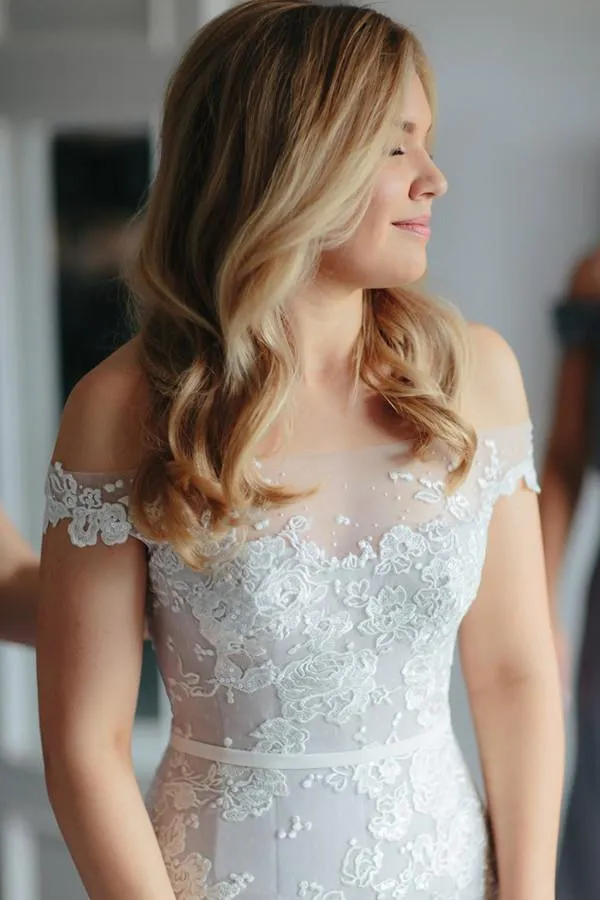 Anneprom Mermaid Off-The-Shoulder Court Train Tulle Wedding Dress With Appliques  APW0101