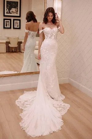 Anneprom Off Shoulder Court Train Chiffon Wedding Dress With Lace Appliques APW0182