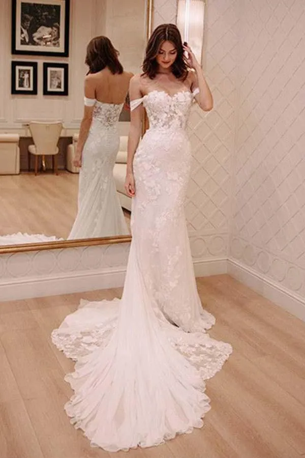 Anneprom Off Shoulder Court Train Chiffon Wedding Dress With Lace Appliques APW0182