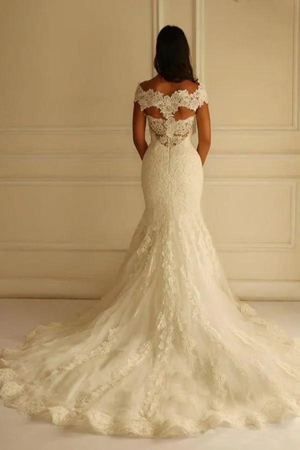Anneprom Off Shoulder Court Train Short Sleeves Mermaid Lace Wedding Dress APW0106