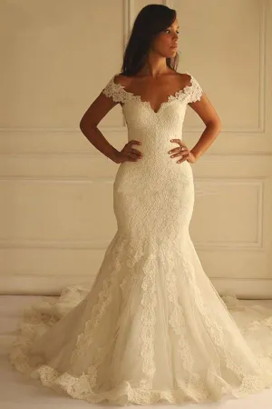 Anneprom Off Shoulder Court Train Short Sleeves Mermaid Lace Wedding Dress APW0106