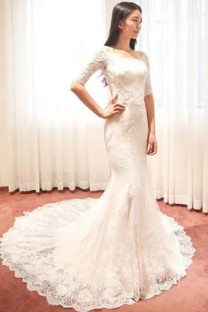 Anneprom Off-The-Shoulder Half Sleeve Mermaid Court Lace Ivory Wedding Dress APW0095