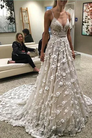 Anneprom Spaghetti Straps Court Train Backless Wedding Dress With Beading APW0154