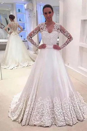 Anneprom V Neck Long Sleeves Appliques Wedding Dresses With Court Train APW0065