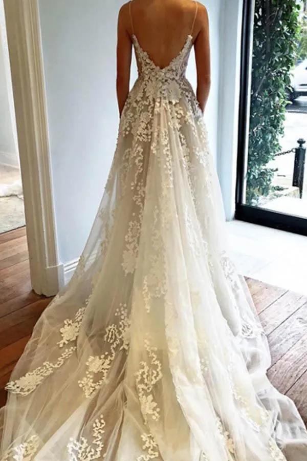 Anneprom V Neck Spaghetti Straps Appliques Court Train Tulle Wedding Dress APW0159