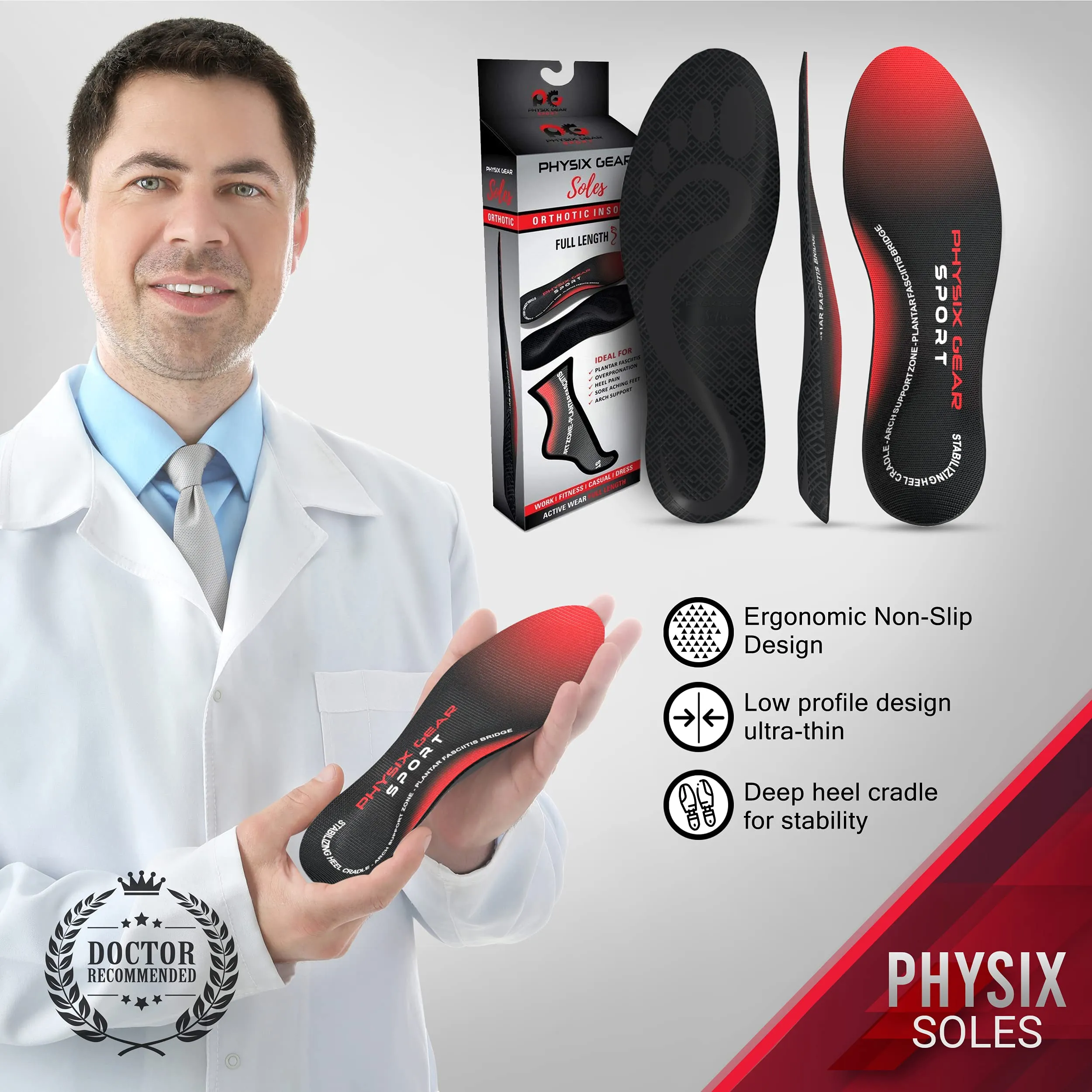 Arch Support Insoles for Men & Women by Physix Gear Sport (Full Length) - Best Insoles for Plantar Fasciitis, Flat Feet, Heel Spurs, Sore Foot, Overpronation, Shin Splints, Running (1 Pair) L - UK Mens 9 1/2 - 11 | Womens 10 - 11 1/2 Red/Black - 1 Pair