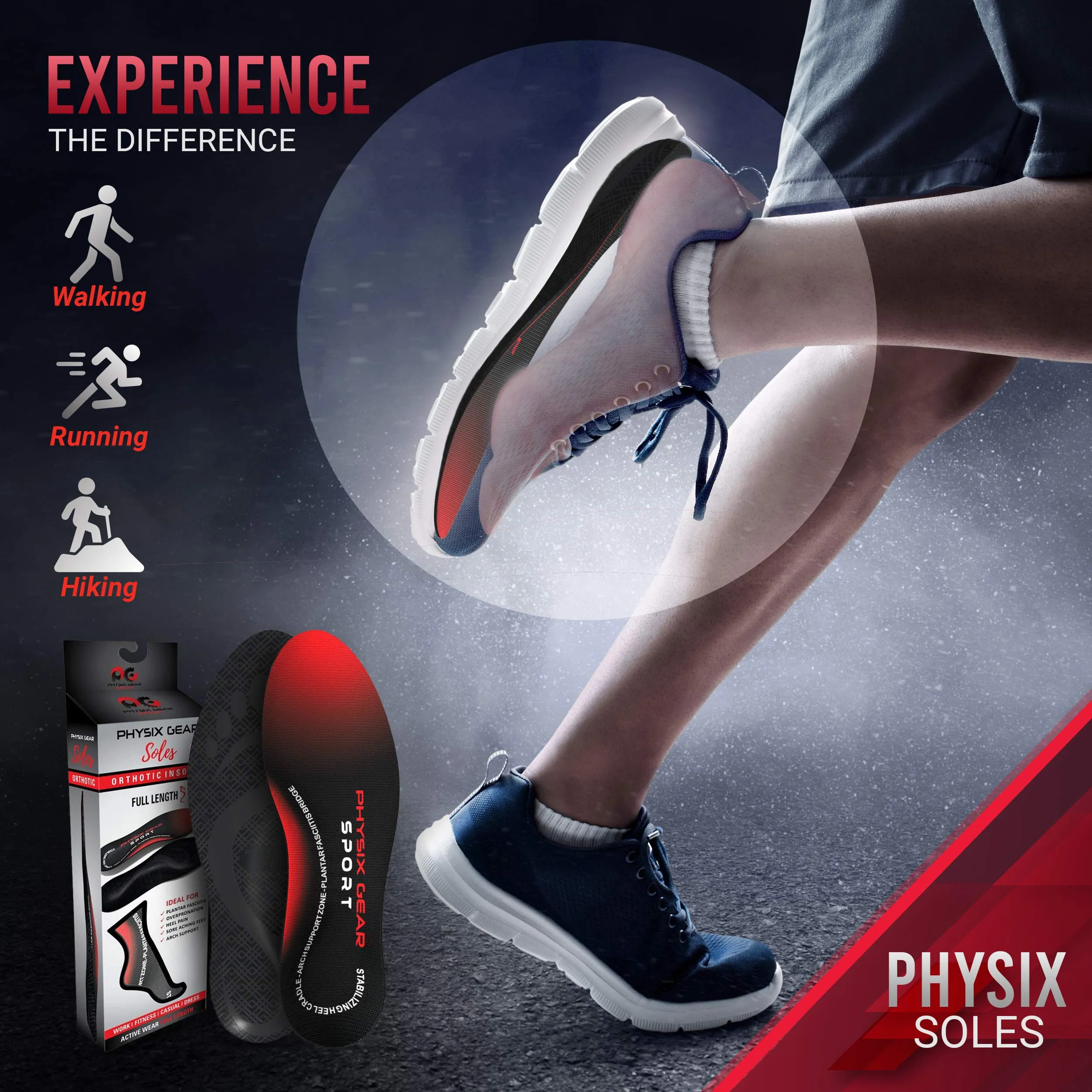 Arch Support Insoles for Men & Women by Physix Gear Sport (Full Length) - Best Insoles for Plantar Fasciitis, Flat Feet, Heel Spurs, Sore Foot, Overpronation, Shin Splints, Running (1 Pair) L - UK Mens 9 1/2 - 11 | Womens 10 - 11 1/2 Red/Black - 1 Pair