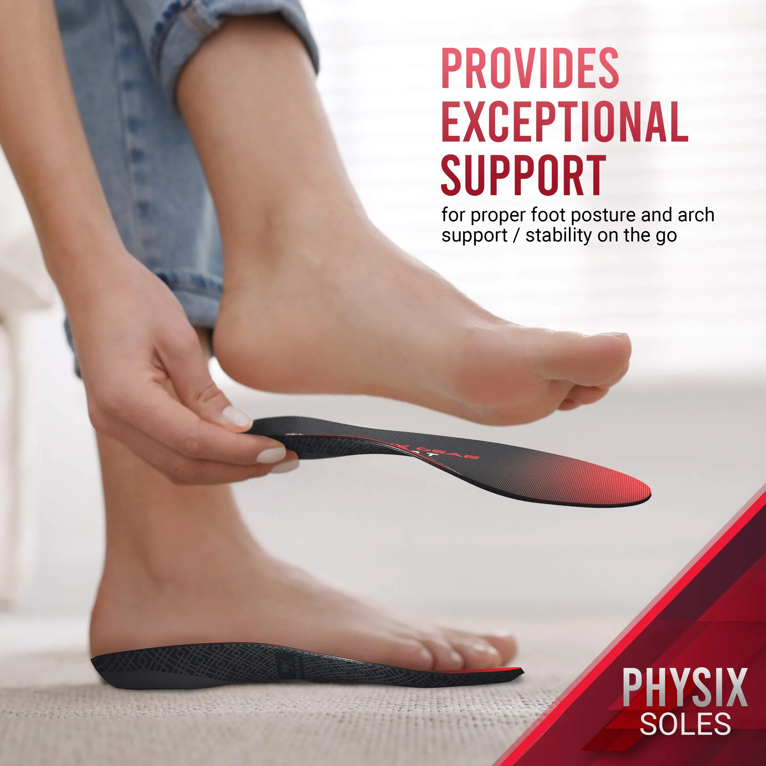 Arch Support Insoles for Men & Women by Physix Gear Sport (Full Length) - Best Insoles for Plantar Fasciitis, Flat Feet, Heel Spurs, Sore Foot, Overpronation, Shin Splints, Running (1 Pair) L - UK Mens 9 1/2 - 11 | Womens 10 - 11 1/2 Red/Black - 1 Pair