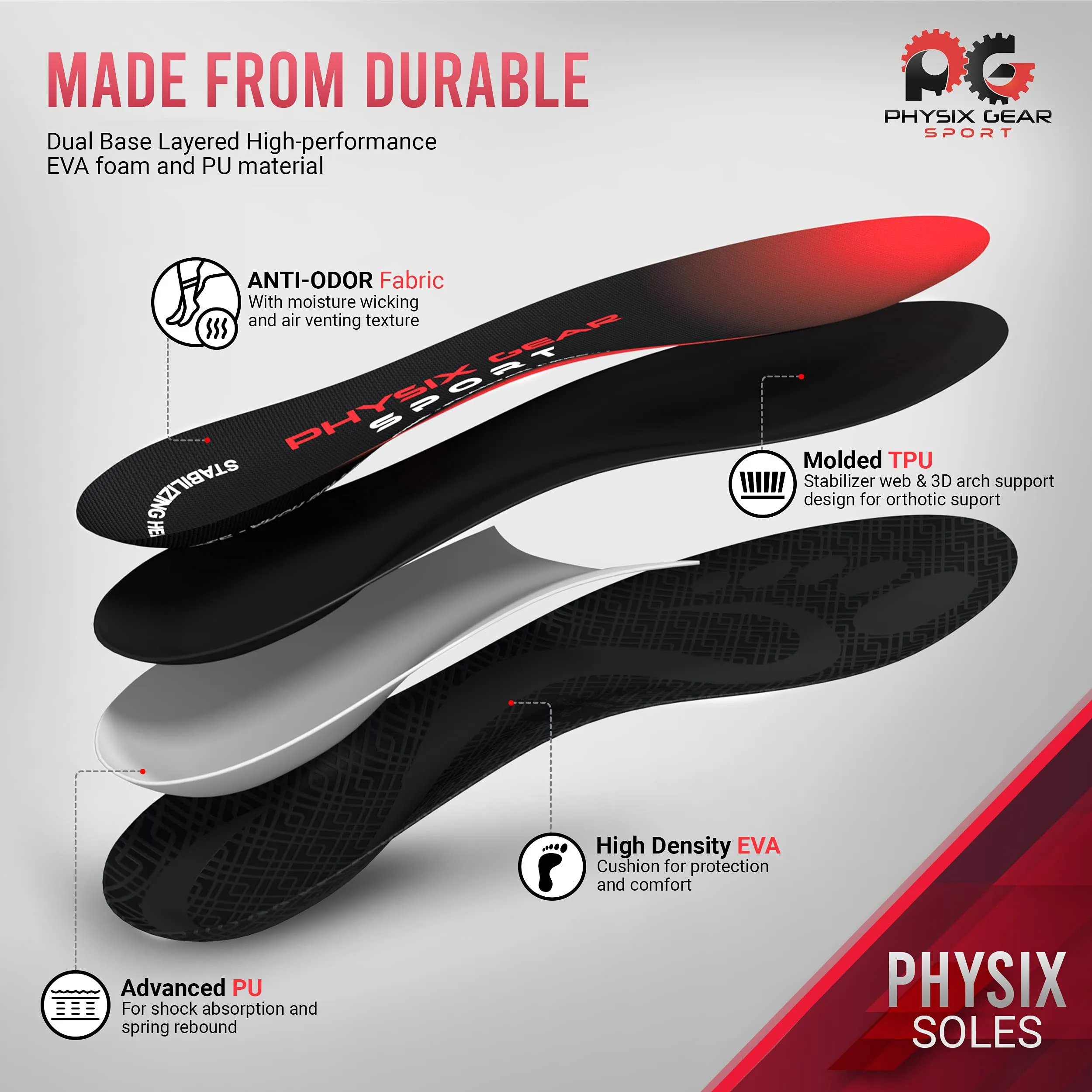 Arch Support Insoles for Men & Women by Physix Gear Sport (Full Length) - Best Insoles for Plantar Fasciitis, Flat Feet, Heel Spurs, Sore Foot, Overpronation, Shin Splints, Running (1 Pair) L - UK Mens 9 1/2 - 11 | Womens 10 - 11 1/2 Red/Black - 1 Pair