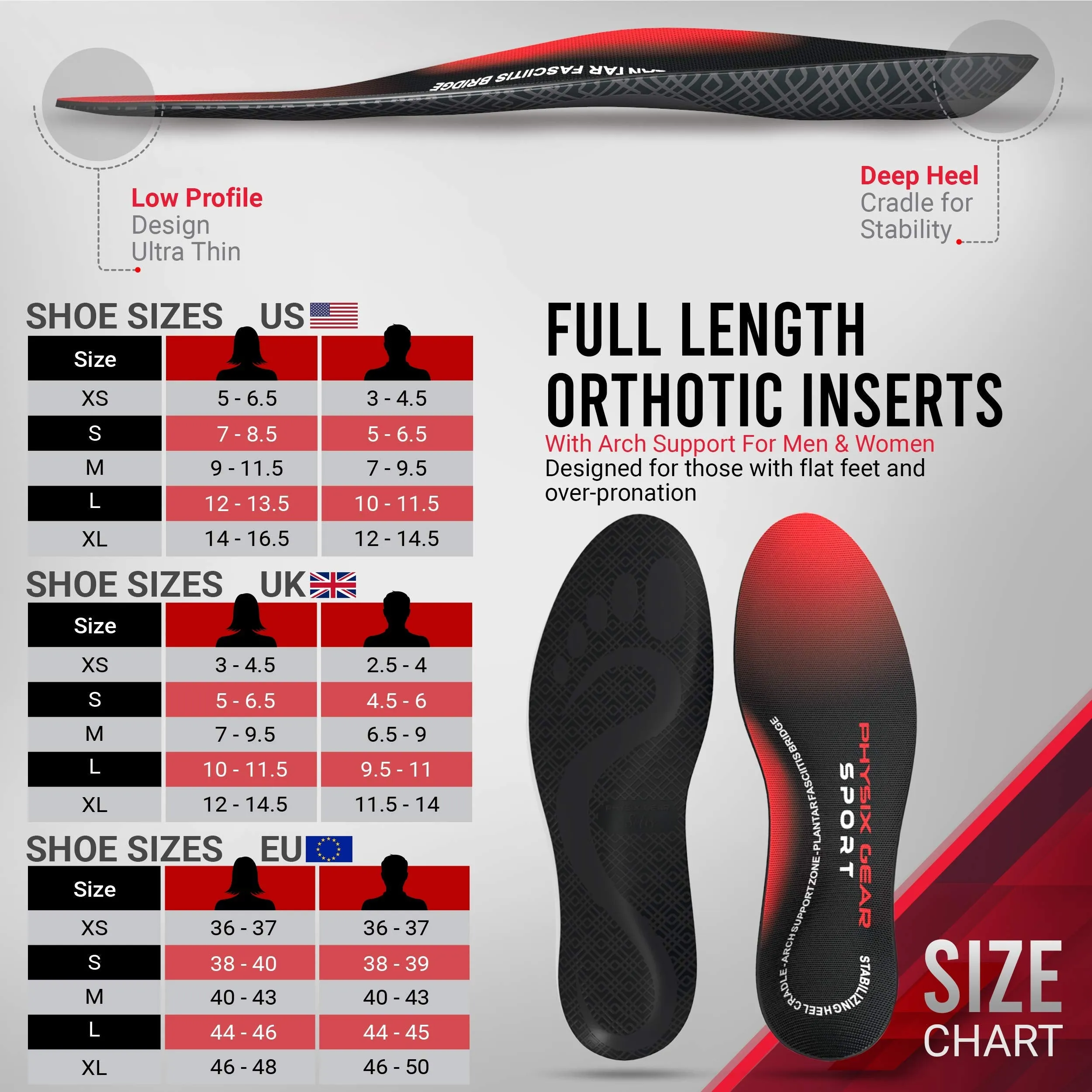 Arch Support Insoles for Men & Women by Physix Gear Sport (Full Length) - Best Insoles for Plantar Fasciitis, Flat Feet, Heel Spurs, Sore Foot, Overpronation, Shin Splints, Running (1 Pair) L - UK Mens 9 1/2 - 11 | Womens 10 - 11 1/2 Red/Black - 1 Pair