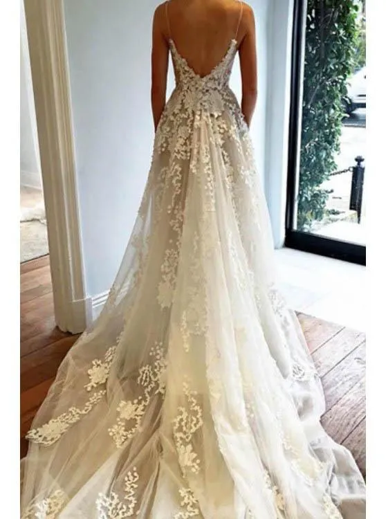 Boho Lace Appliques Wedding Dress, Spaghetti Straps Beach Wedding Dress PW281