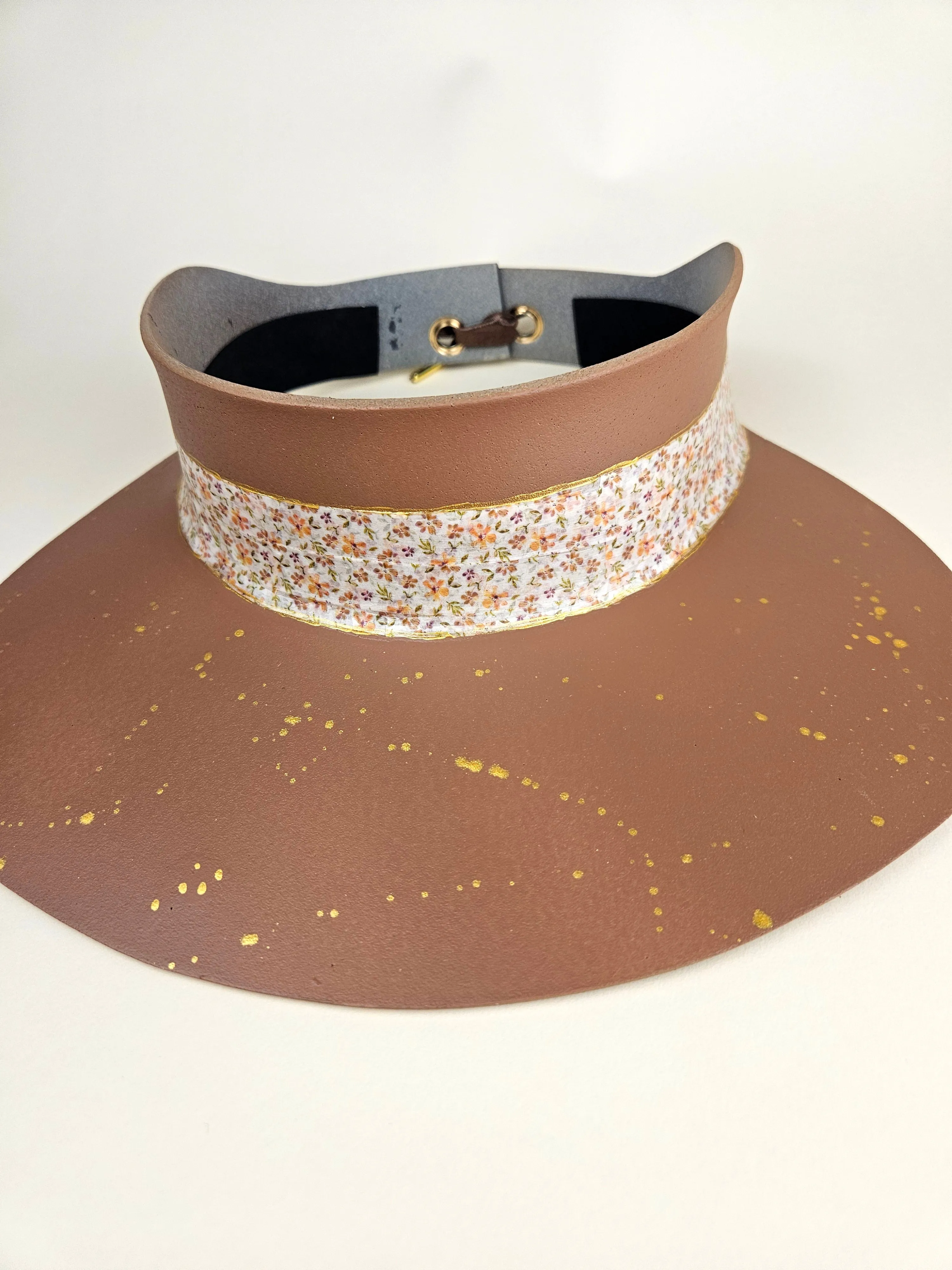 Brown "LadyEVA" Visor Hat with Orange Floral Band and Gold Paint Splatter Effect