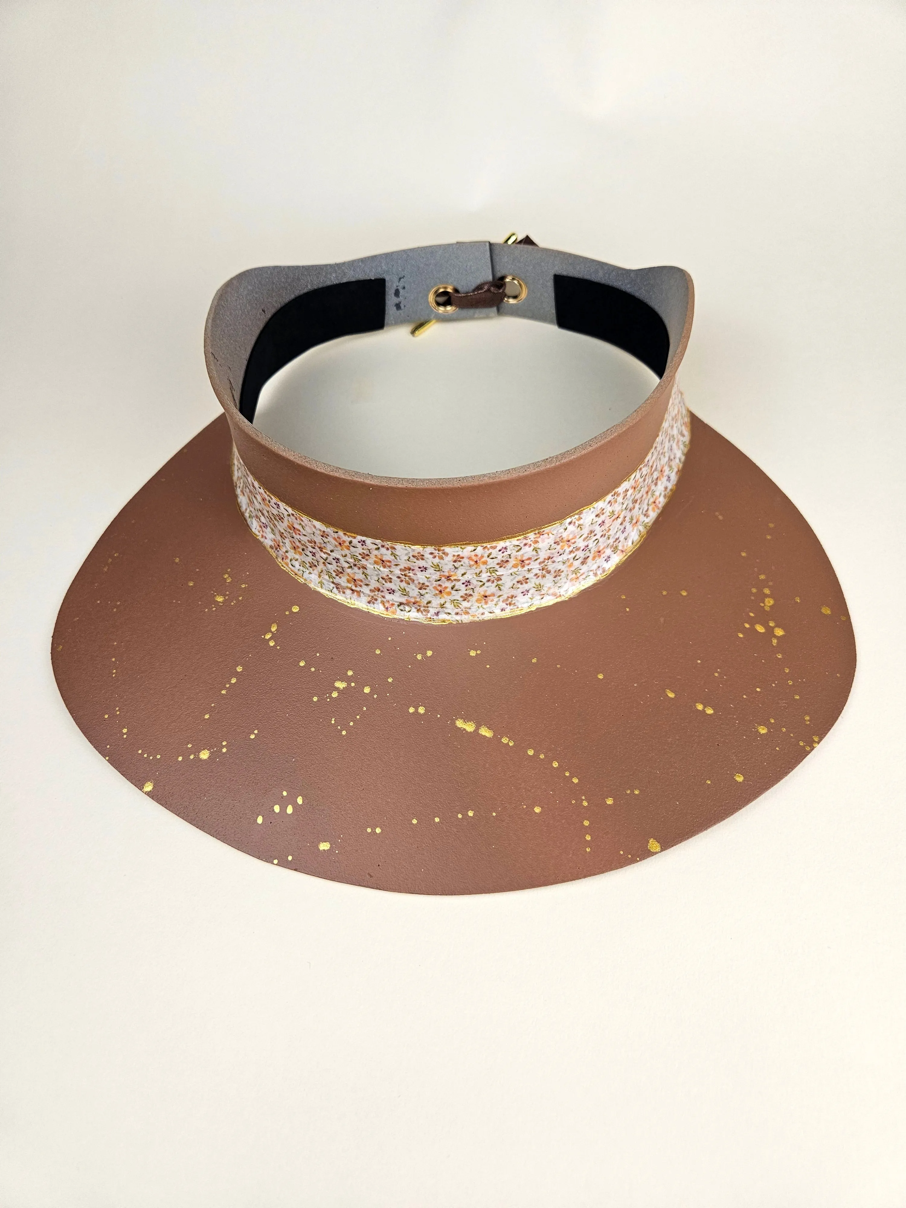 Brown "LadyEVA" Visor Hat with Orange Floral Band and Gold Paint Splatter Effect