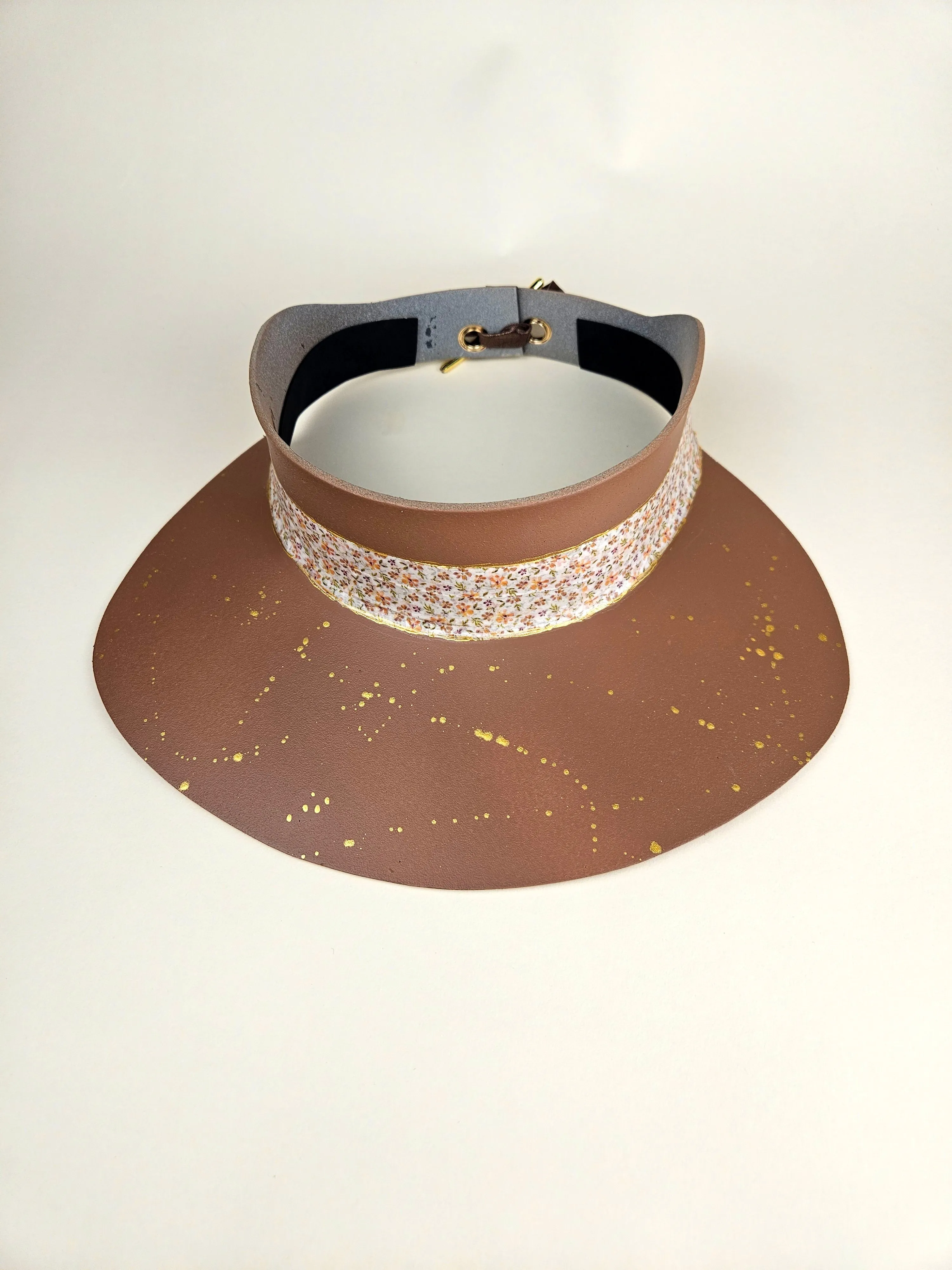 Brown "LadyEVA" Visor Hat with Orange Floral Band and Gold Paint Splatter Effect
