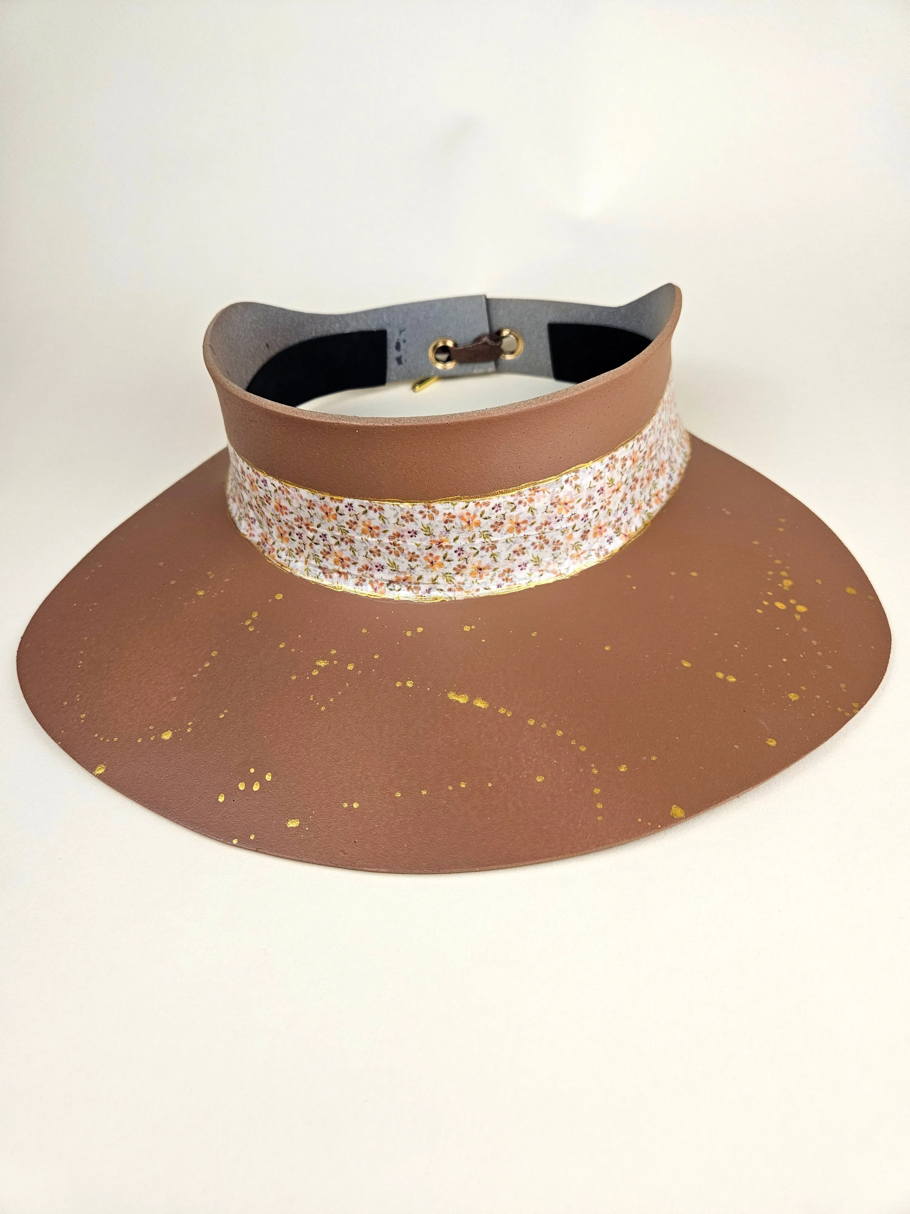 Brown "LadyEVA" Visor Hat with Orange Floral Band and Gold Paint Splatter Effect
