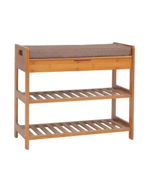 C&AHOME 2 Tier Natural Bamboo Shoe Rack Foot Stool with Cushion and Storage Drawer on Top