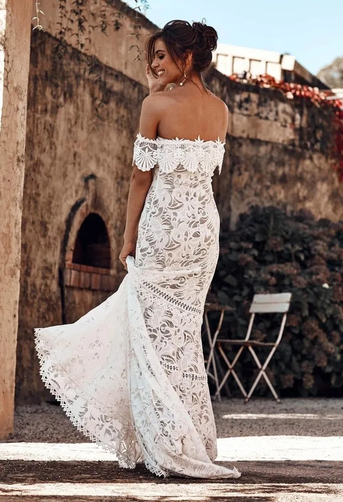 Charming Off the Shoulder Lace Bridal Dress, Boho Wedding Dress, Beach Wedding Dress N2242