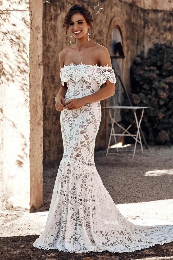 Charming Off the Shoulder Lace Bridal Dress, Boho Wedding Dress, Beach Wedding Dress N2242