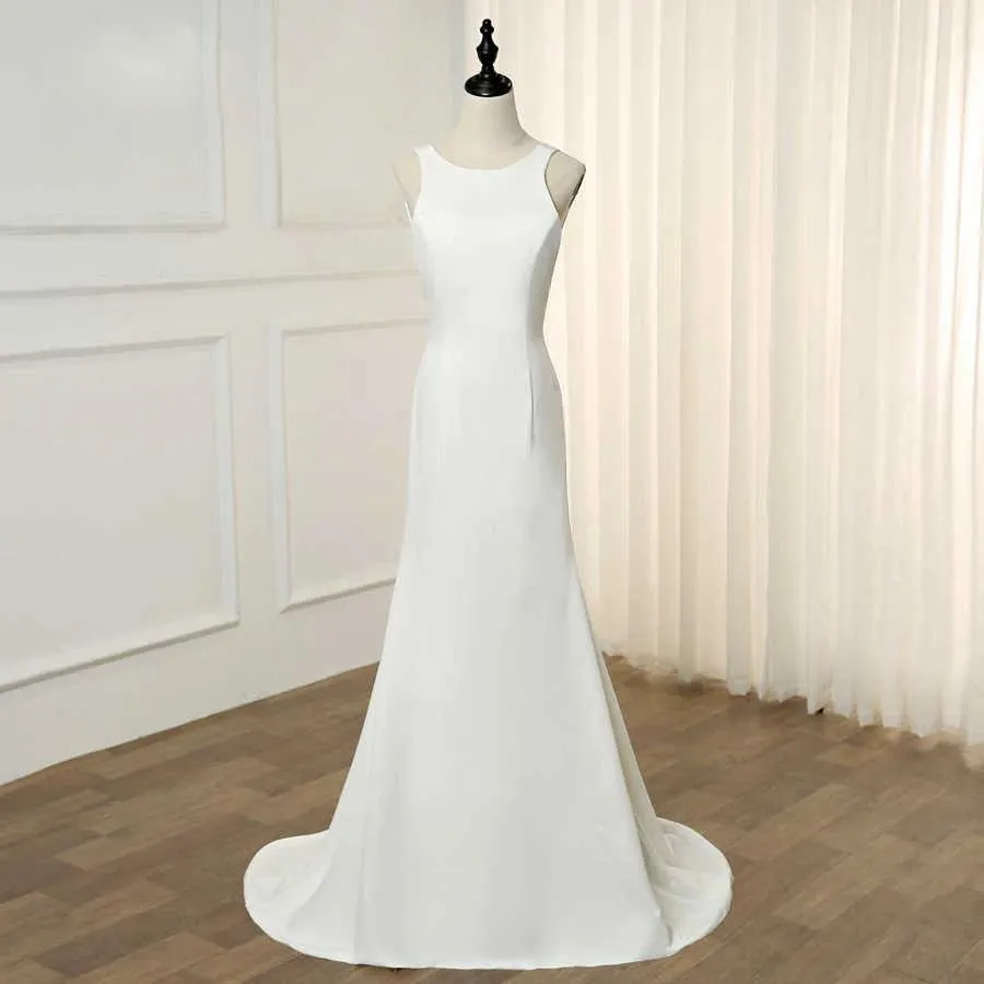 Chic Simple Elegant Scoop Neckling Long Ivory Wedding Dress Y0115